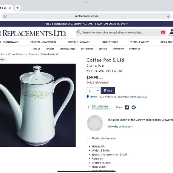 Crown Victoria - Carolyn - Coffee Pot & Lid - Picture 1 of 7